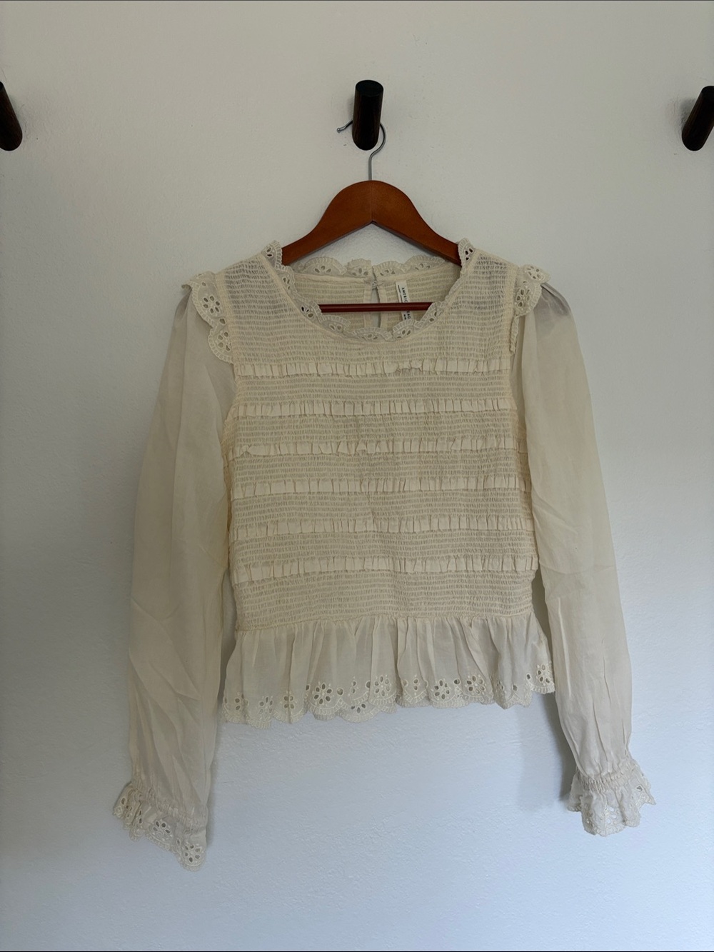 American Eagle Outfitters Cream Lace-Trim Long Sleeve Top